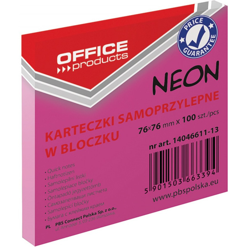0303202669a723d08ef9f.jpeg Karteczki Office Products 76x76mm różowe (100) - obrazek 1