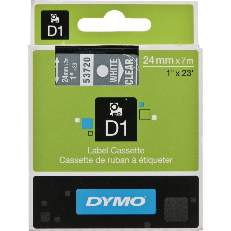 0303202669a72b8740644.jpeg TAŚMA DYMO D1 24mm*7m PRZEZROCZYSTA (BIAŁY TEKST) - obrazek 1