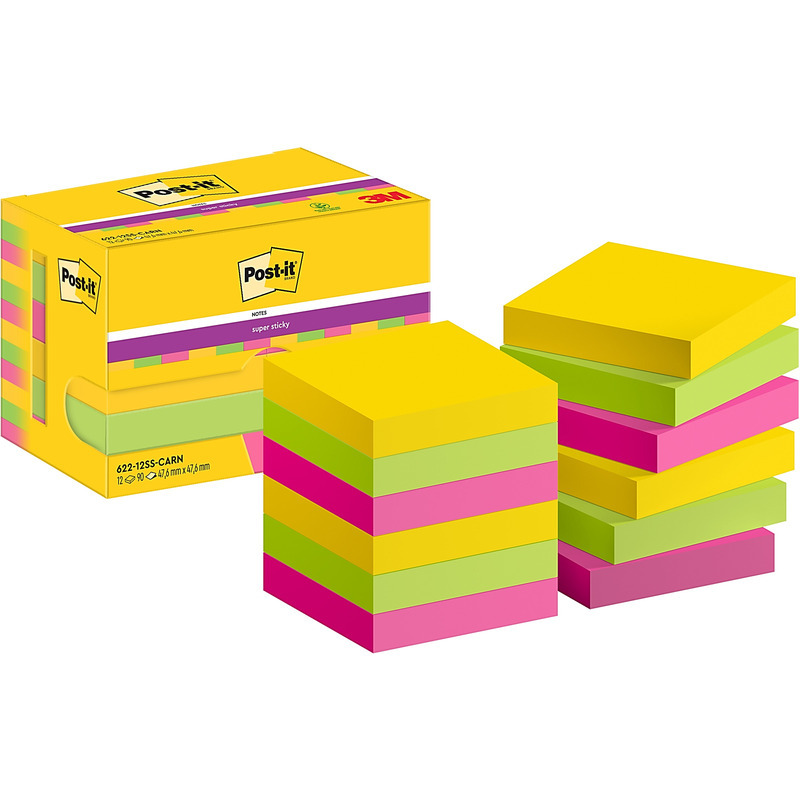 0403202669a7dc9f6ecb5.jpeg Karteczki Post-it Super Sticky 47.6x47.6mm (622-12SS-CARN) mix kolorów (12x90) - obrazek 1